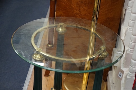 An Empire style circular brass mounted glass top occasional table, diameter 60cm, height 62cm